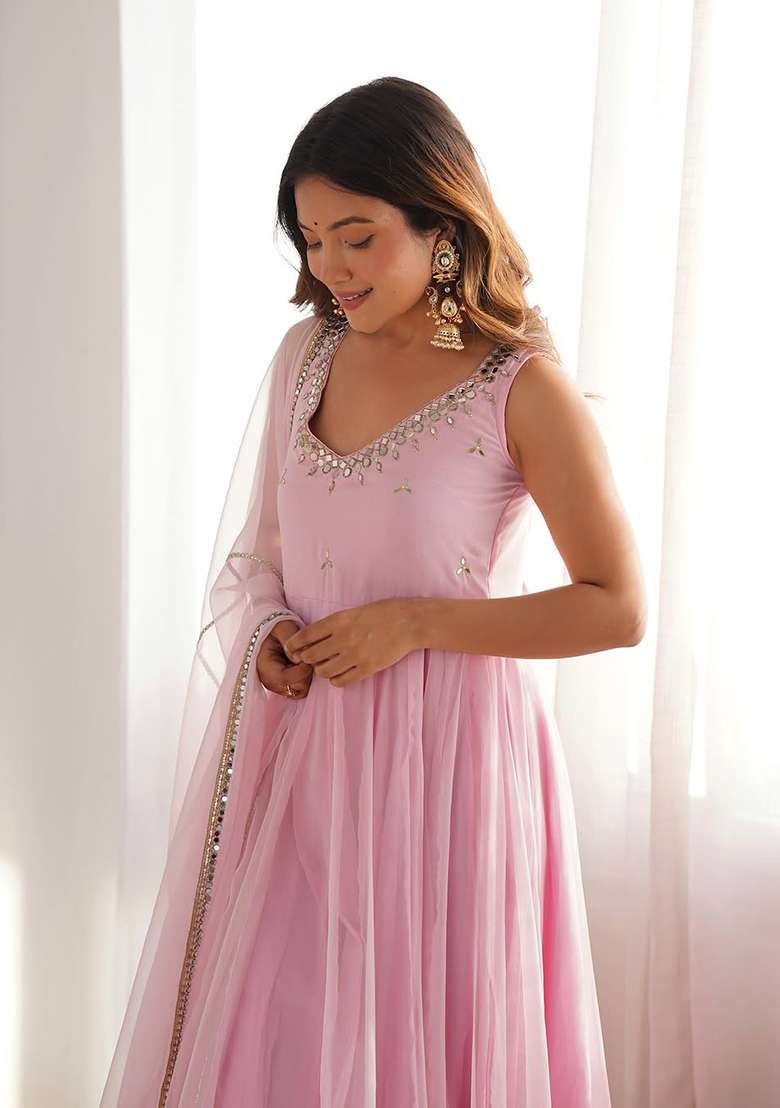 Pink Embellished Georgette Anarkali Set - Indya