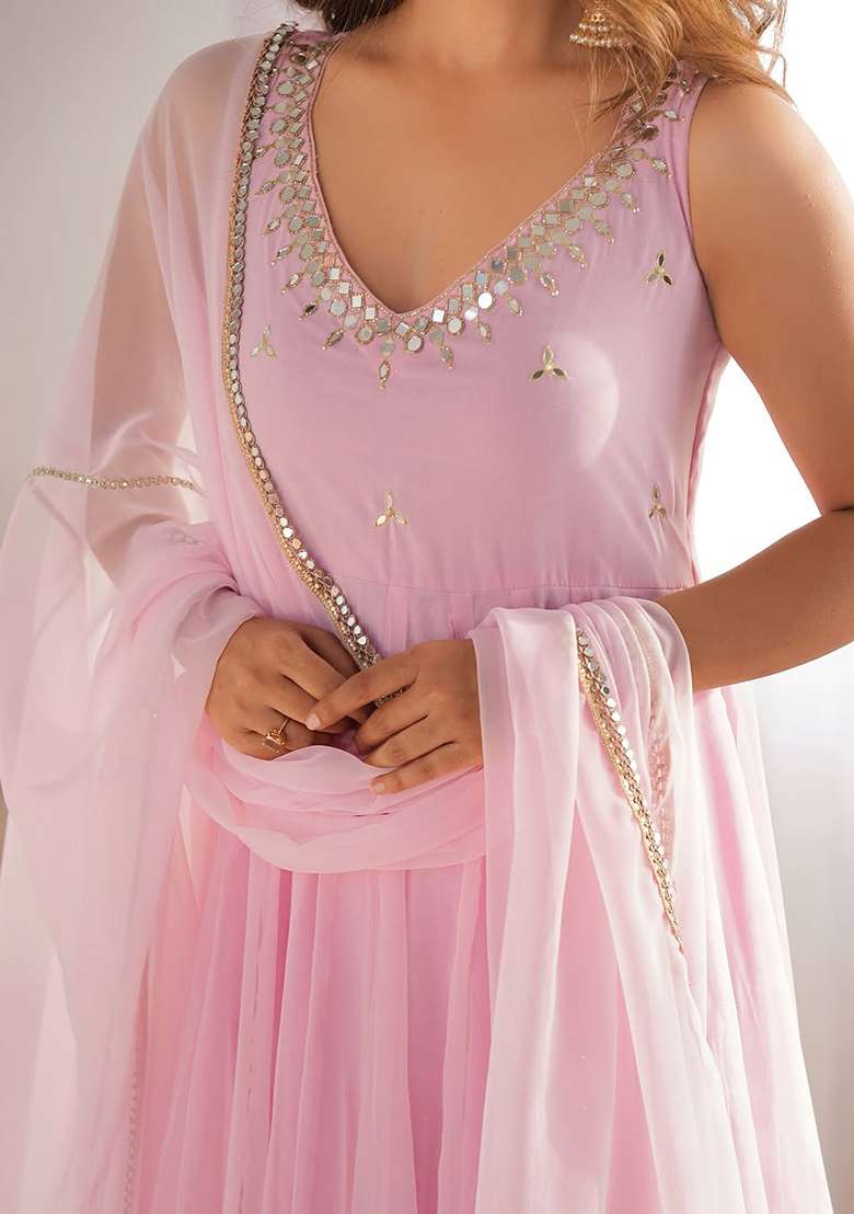 Pink Embellished Georgette Anarkali Set - Indya