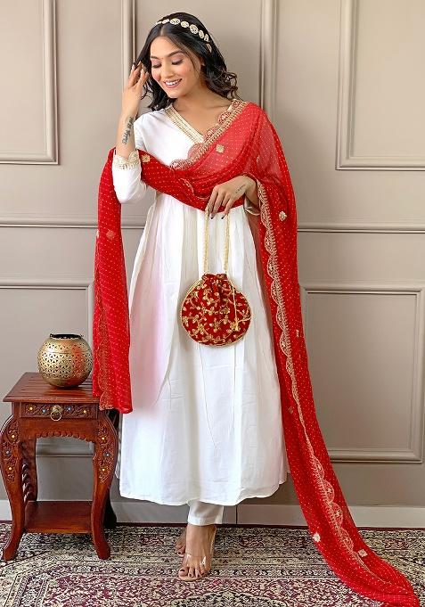Red Embroidery Chanderi Kurta Set