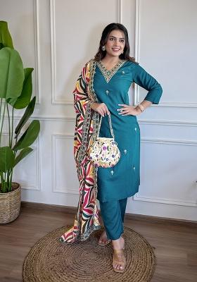 Rama Blue Embroidery Viscose Kurta Set