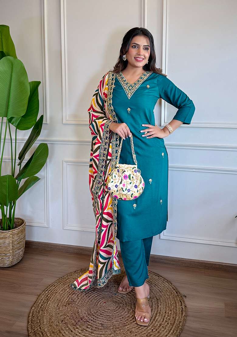 Rama Blue Embroidered Viscose Straight Kurta Set - Indya