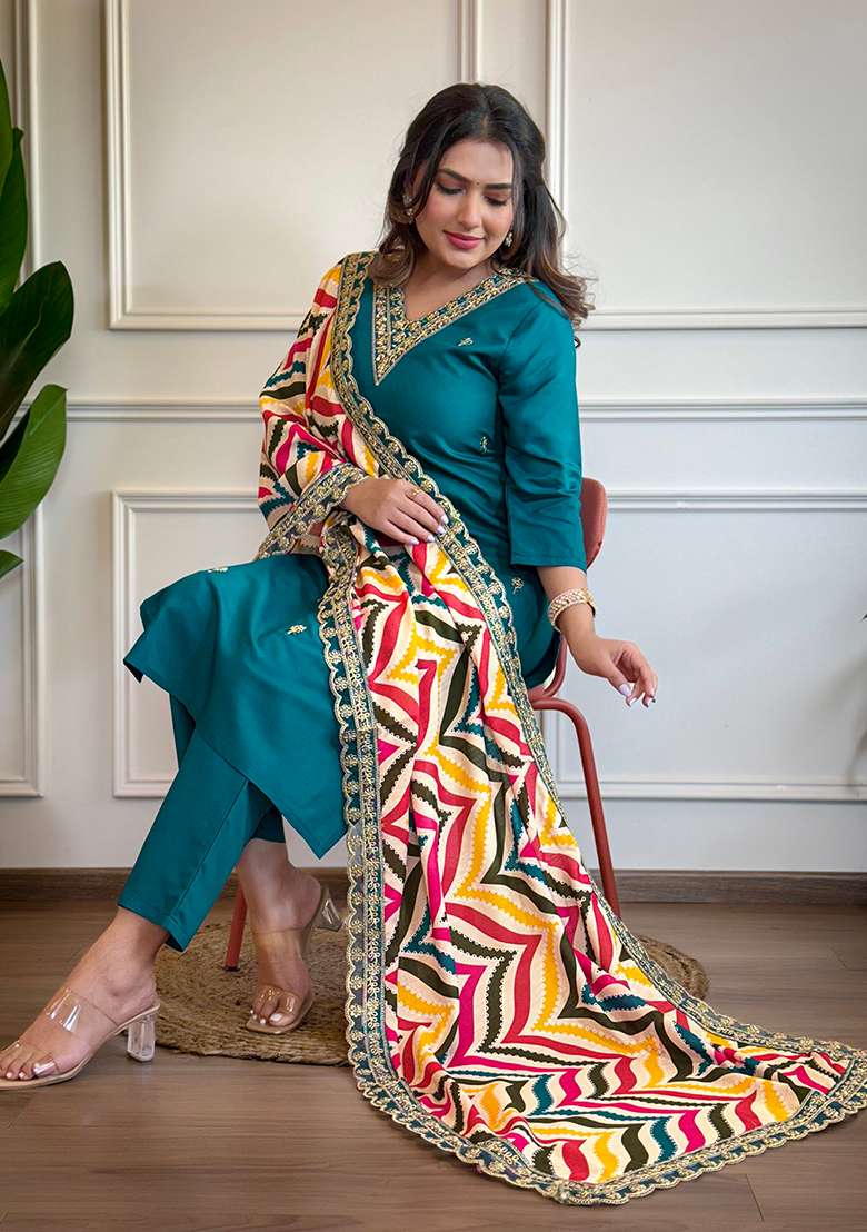 Rama Blue Embroidered Viscose Straight Kurta Set - Indya