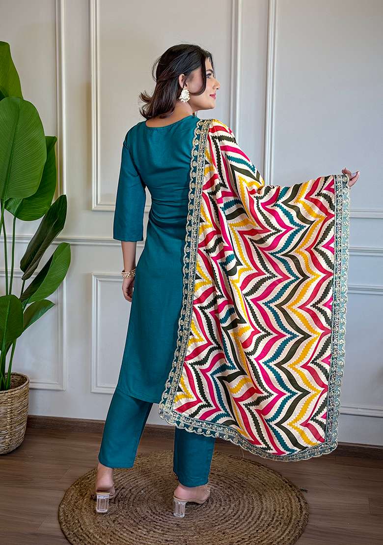 Rama Blue Embroidered Viscose Straight Kurta Set - Indya