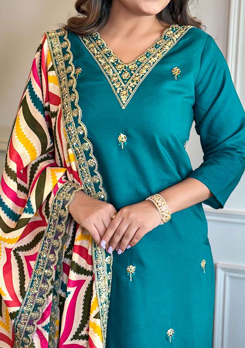 Rama Blue Embroidered Viscose Straight Kurta Set - Indya