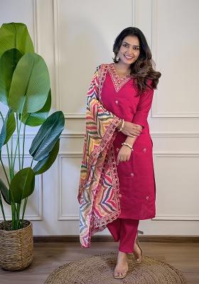 Rani Pink Embroidery Viscose Kurta Set