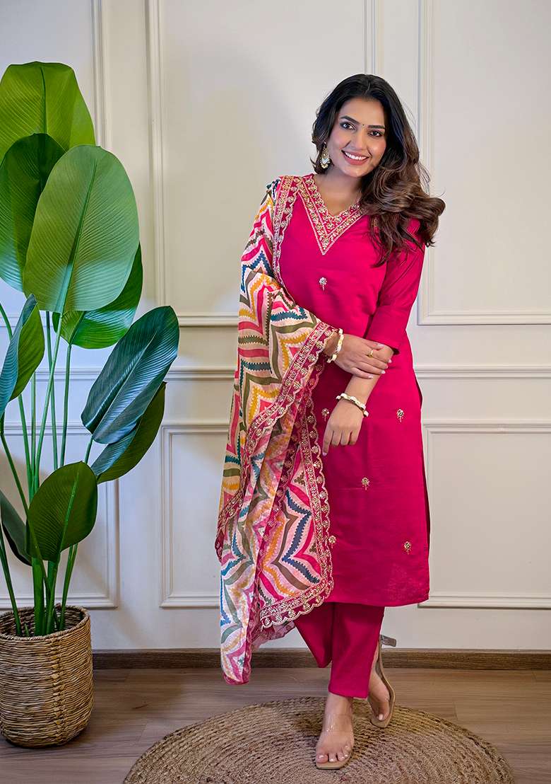 Rani Pink Embroidered Viscose Straight Kurta Set - Indya