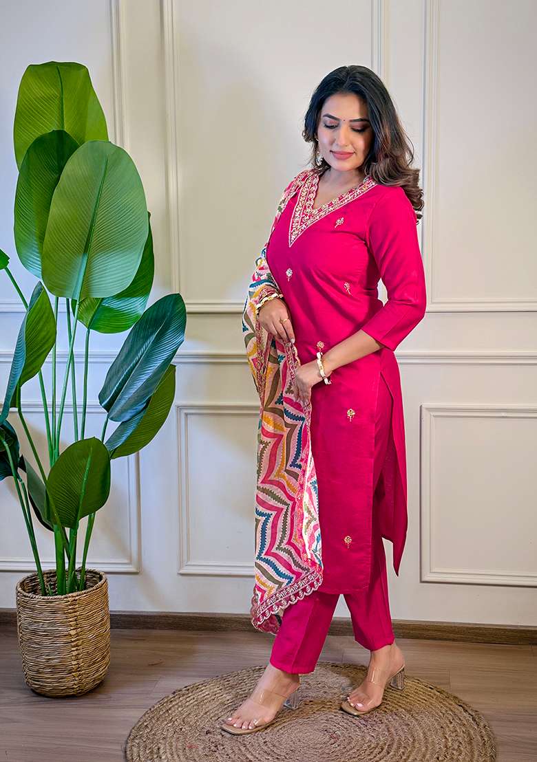 Rani Pink Embroidered Viscose Straight Kurta Set - Indya