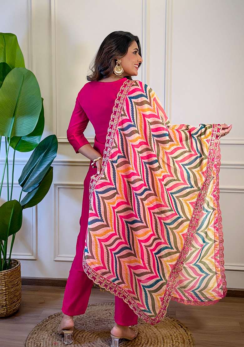 Rani Pink Embroidered Viscose Straight Kurta Set - Indya
