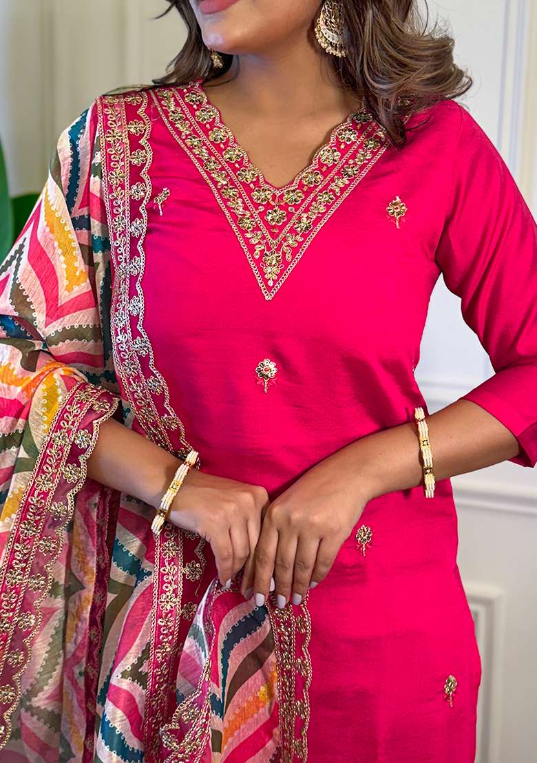 Rani Pink Embroidered Viscose Straight Kurta Set - Indya