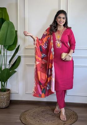 Rani Pink Embroidery Chanderi Kurta Set