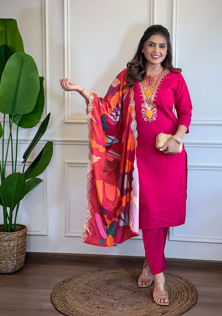 Rani Pink Embroidered Chanderi Straight Kurta Set - Indya