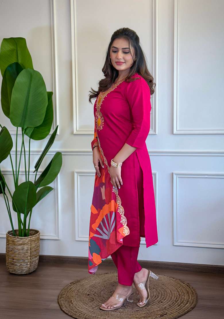 Rani Pink Embroidered Chanderi Straight Kurta Set - Indya