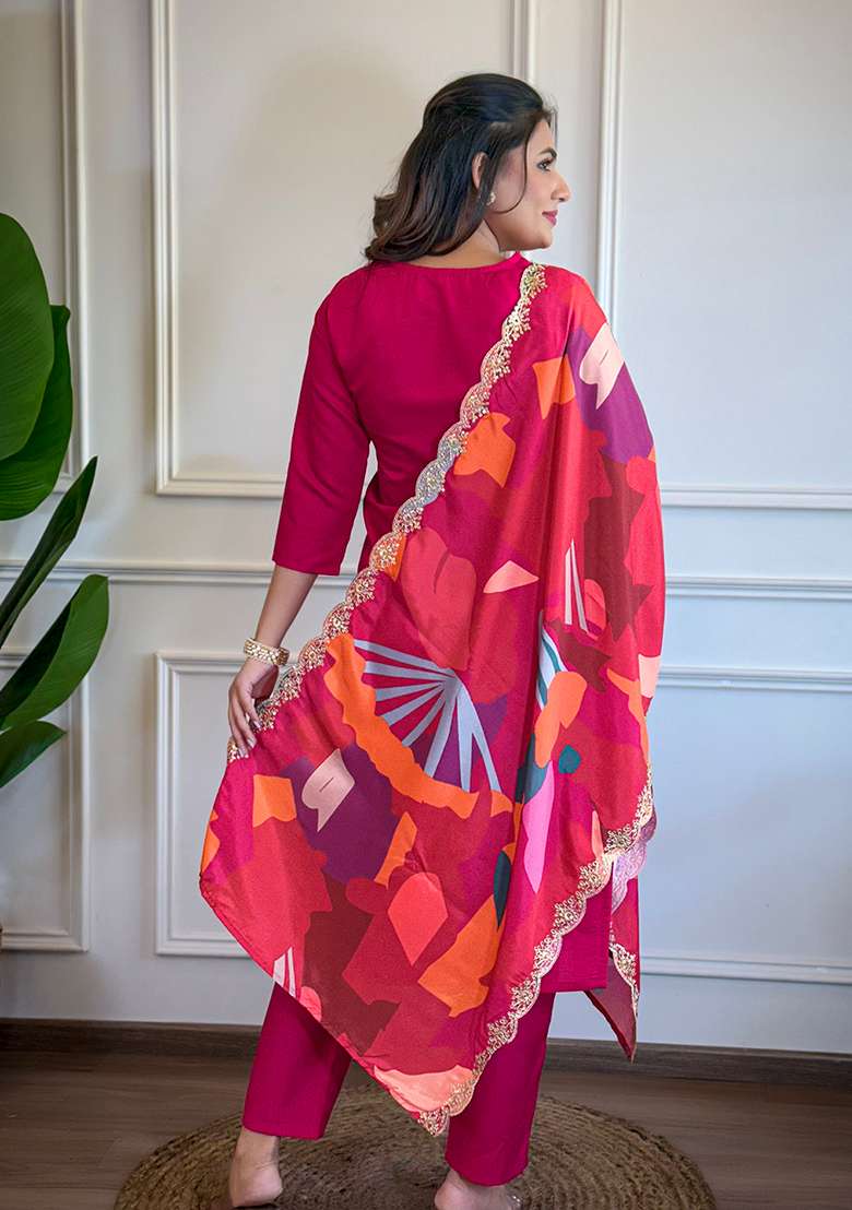 Rani Pink Embroidered Chanderi Straight Kurta Set - Indya
