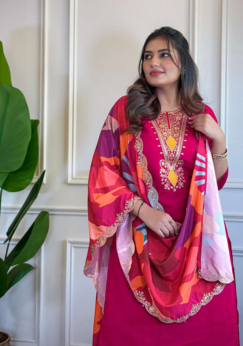 Rani Pink Embroidered Chanderi Straight Kurta Set - Indya