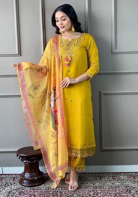 Musterd Embroidery Chanderi Kurta Set
