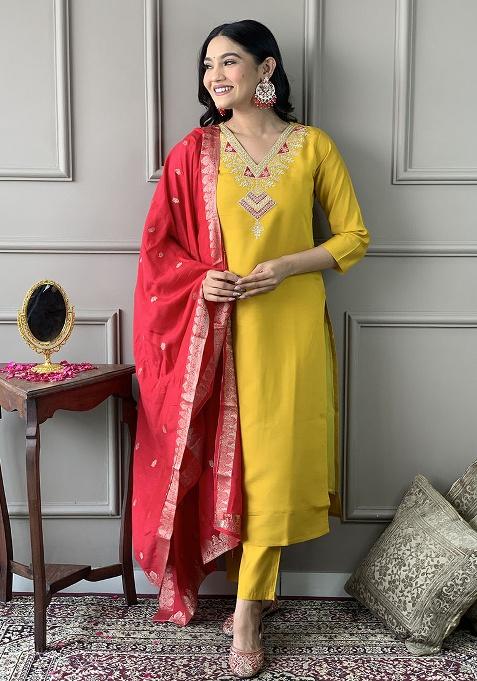 Musterd Embroidery Chanderi Kurta Set