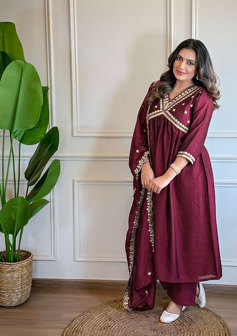 Wine Embroidered Silk Straight Kurta Set - Indya