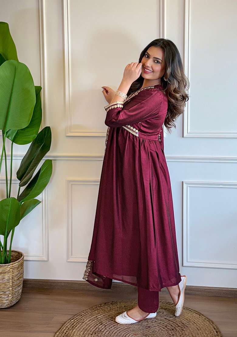 Wine Embroidered Silk Straight Kurta Set - Indya