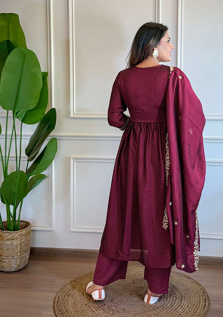 Wine Embroidered Silk Straight Kurta Set - Indya