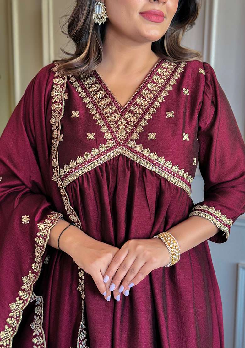 Wine Embroidered Silk Straight Kurta Set - Indya