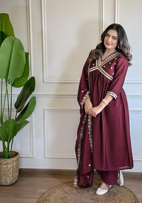 Wine Embroidery Silk Kurta Set