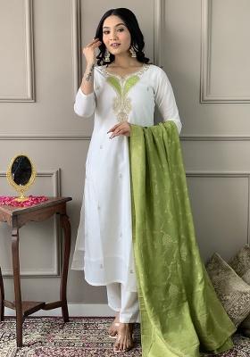 White Embroidery Viscose Blend Kurta Set