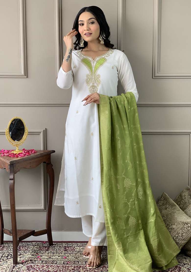 White Embroidered Blended Straight Kurta Set - Indya