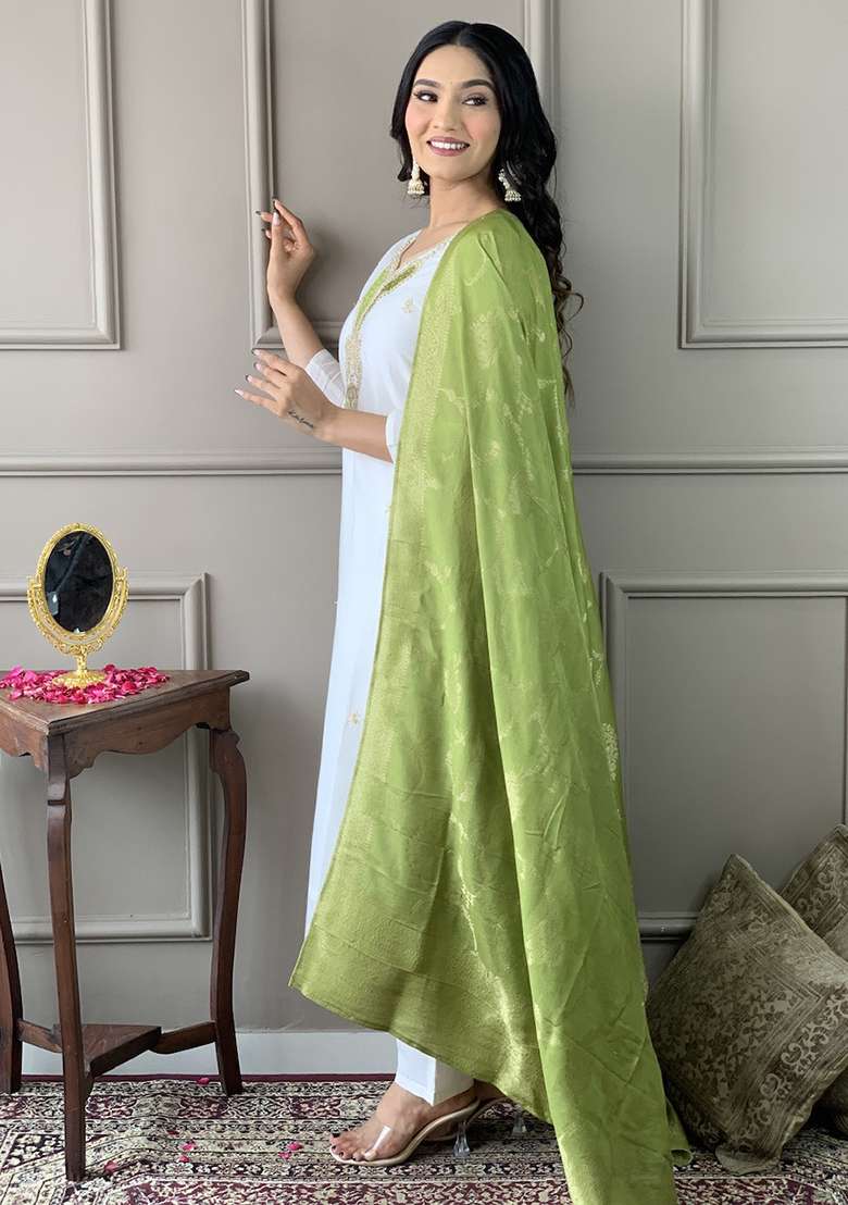 White Embroidered Blended Straight Kurta Set - Indya