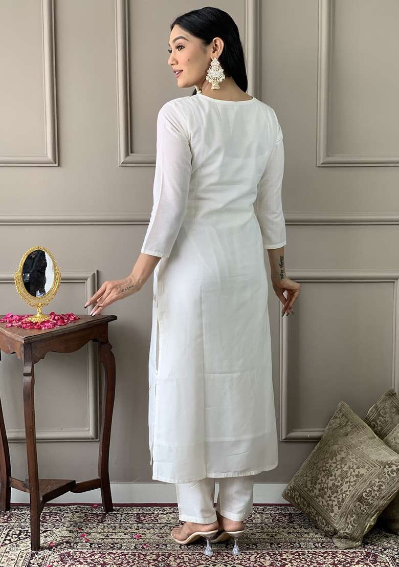 White Embroidered Blended Straight Kurta Set - Indya