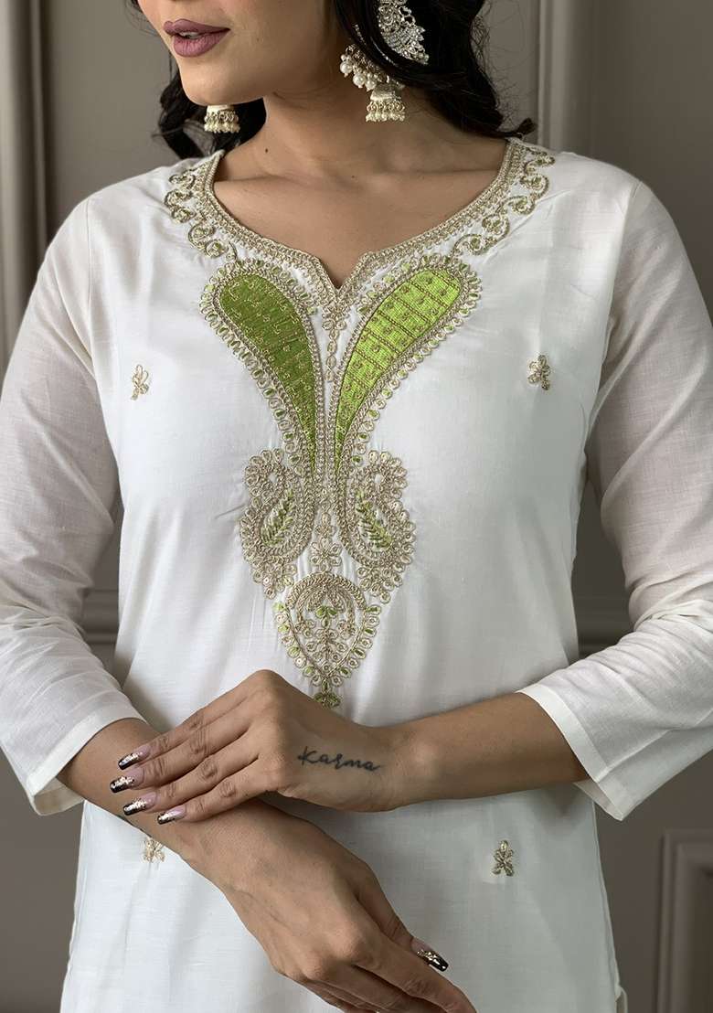 White Embroidered Blended Straight Kurta Set - Indya