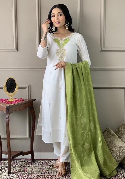 White Embroidery Viscose Blend Kurta Set