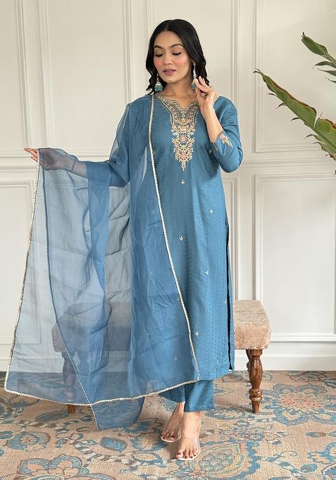 Rama Blue Embroidery Viscose Blend Kurta Set