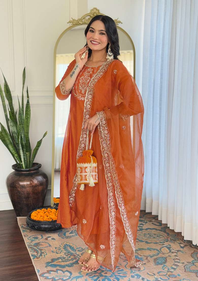 Orange Embroidered Silk Straight Kurta Set - Indya