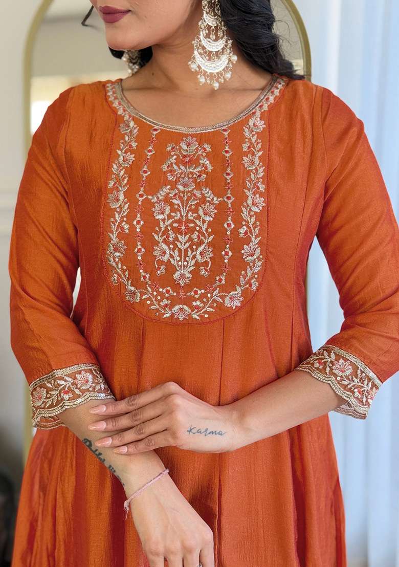 Orange Embroidered Silk Straight Kurta Set - Indya