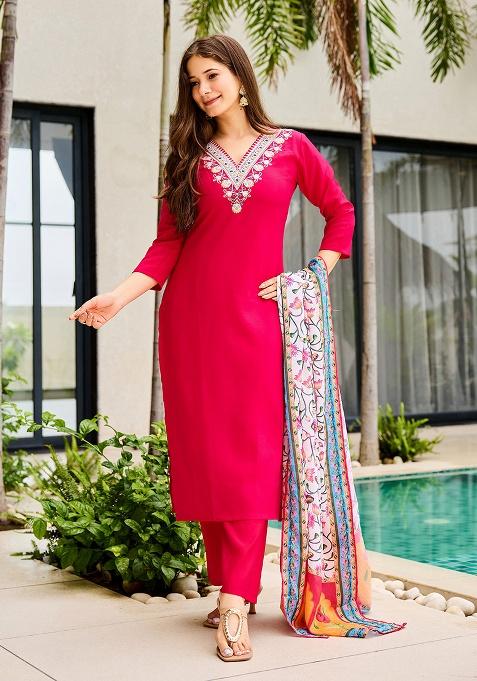 Rani Pink Embroidery Rayon Kurta Set