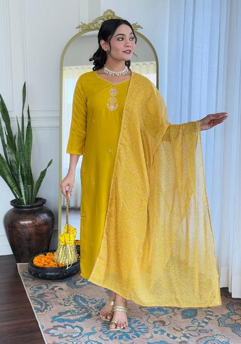 Yellow Embroidery Rayon Kurta Set