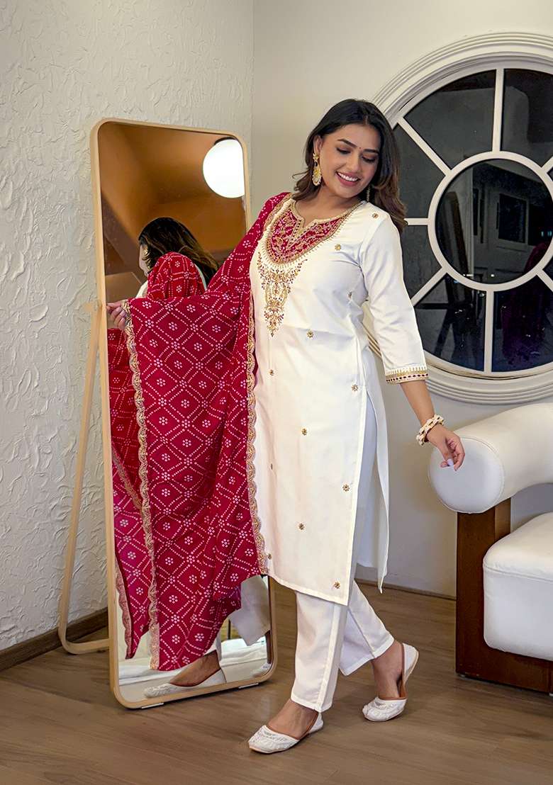 White Embroidered Viscose Straight Kurta Set - Indya