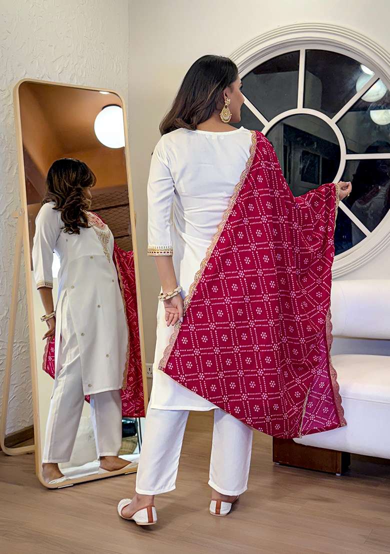 White Embroidered Viscose Straight Kurta Set - Indya