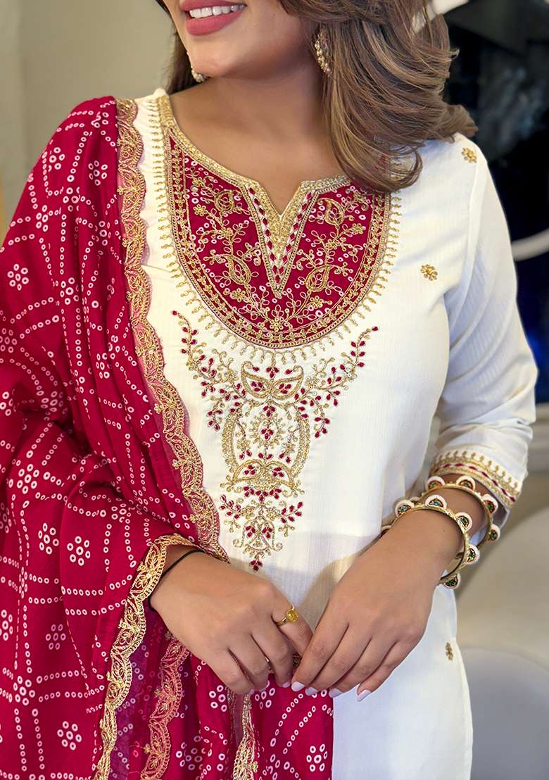 White Embroidered Viscose Straight Kurta Set - Indya