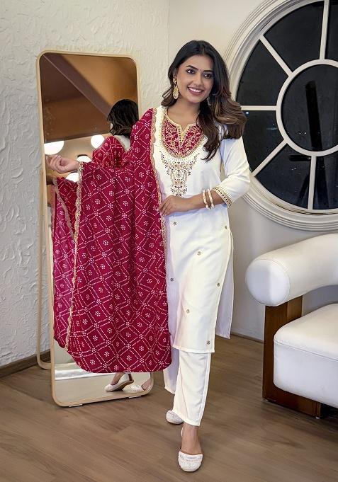 White Embroidery Viscose Kurta Set