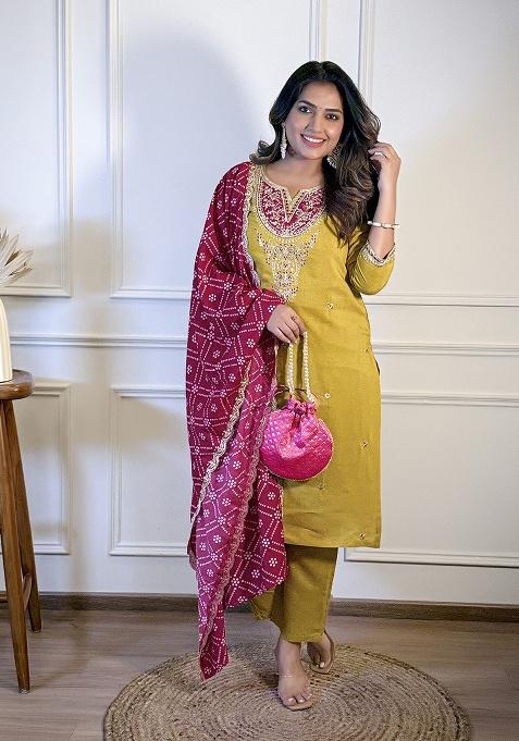 Yellow Embroidery Viscose Kurta Set