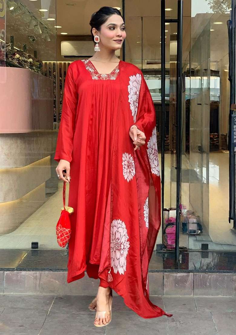 Red Embroidered Chinon A Line Kurta Set - Indya