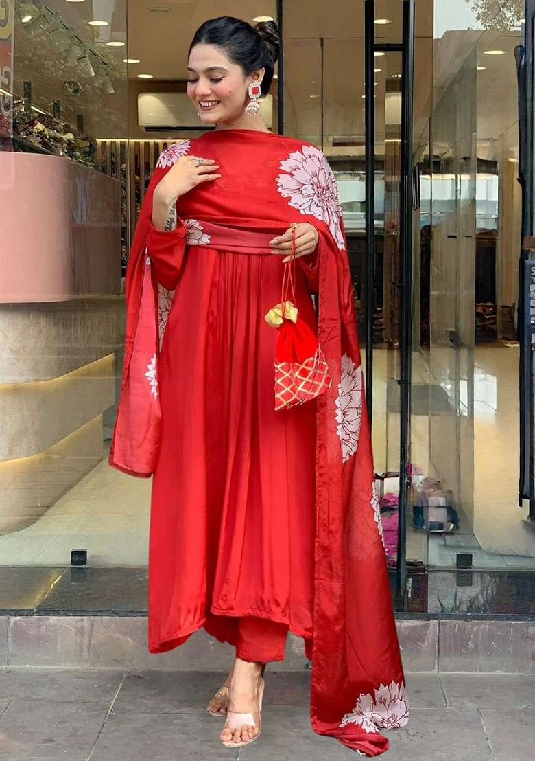 Red Embroidered Chinon A Line Kurta Set - Indya