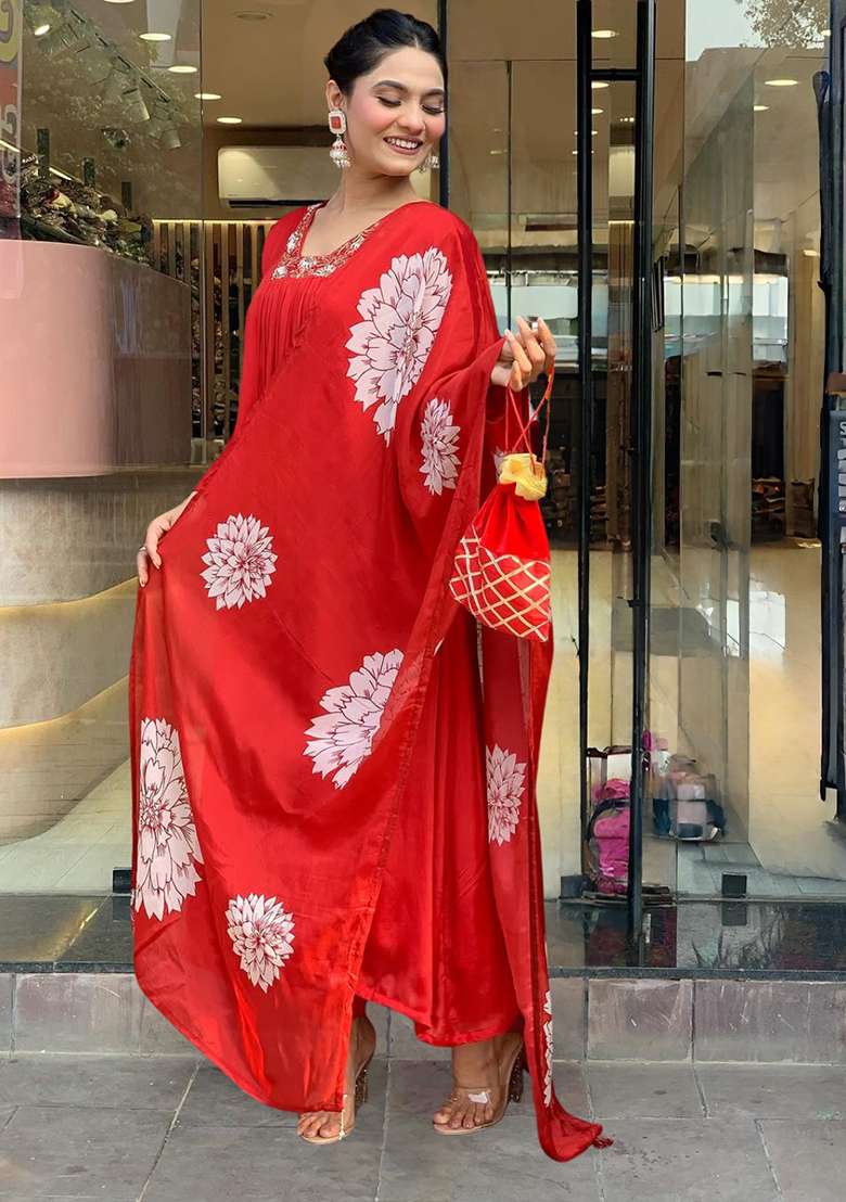 Red Embroidered Chinon A Line Kurta Set - Indya