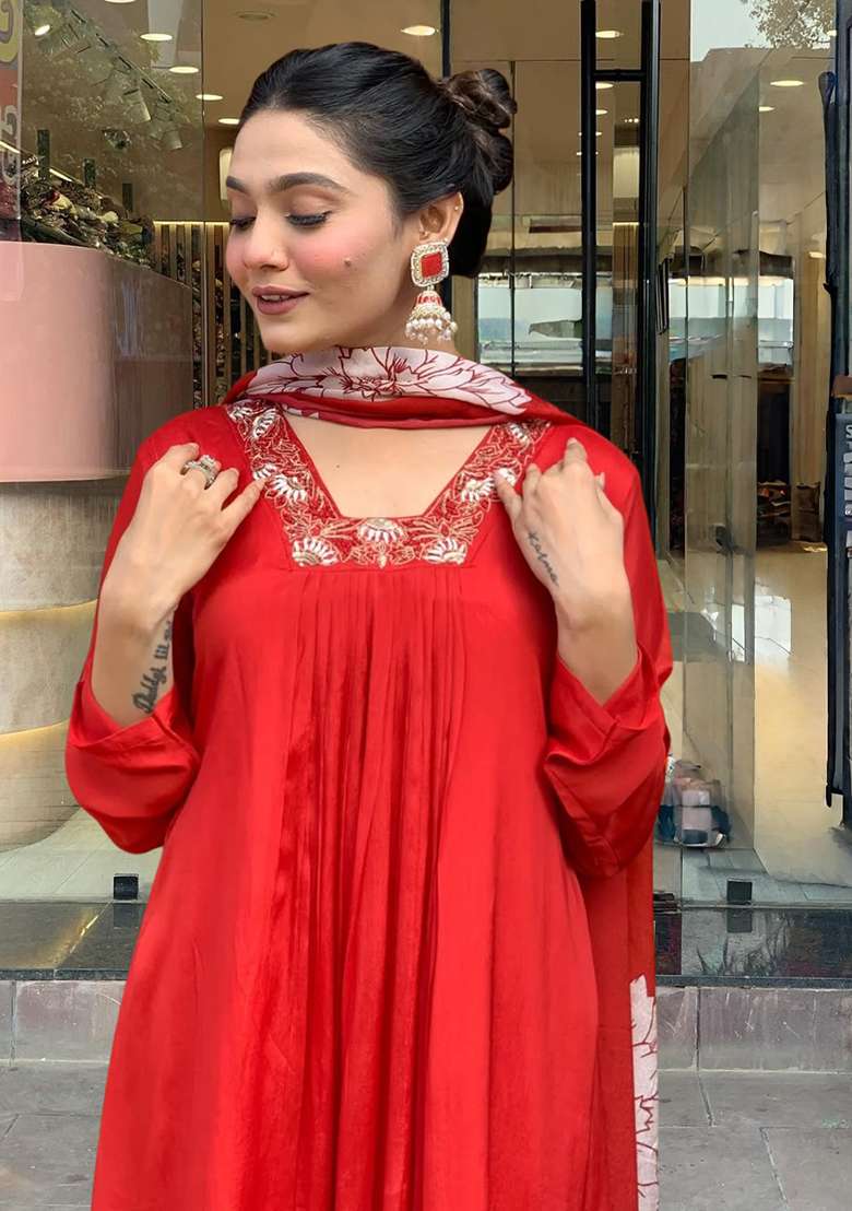 Red Embroidered Chinon A Line Kurta Set - Indya
