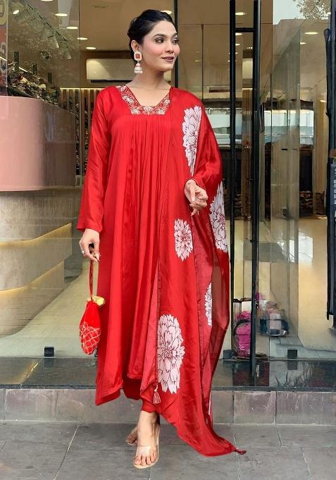 Red Embroidery Chinon Kurta Set
