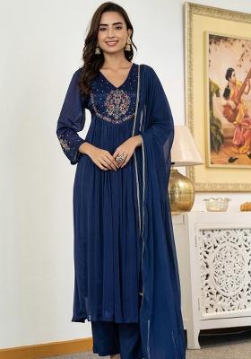 Blue Embroidered Silk Anarkali Set