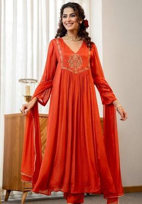 Orange Embroidery Silk Kurta Set