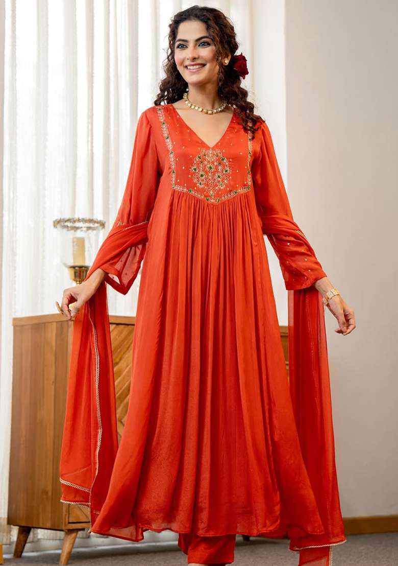 Orange Embroidered Silk Anarkali Set - Indya