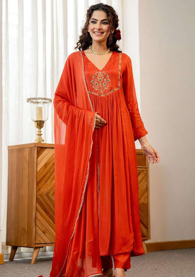 Orange Embroidered Silk Anarkali Set - Indya